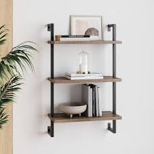 Nathan James Theo 3 Shelf Bookcase Floating Wall Mount Wood With Metal Frame Rustic Oak Matte Black