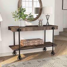 Bargib 47 25 In Black And Dark Walnut Rectangle Wood Console Table With Wheels