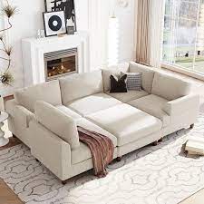 98 In Flared Arm 6 Piece Polyester Modular Sectional Sofa In Beige With Ottoman