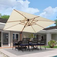 10 Ft X 13 Ft High Quality Wood Pattern Aluminum Cantilever Polyester Patio Umbrella With Stand Cream