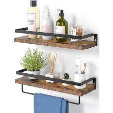Dracelo 16 5 In W X 5 9 In D X 2 75 In H Rustic Brown Bathroom Wall Mounted Floating Shelves With Towel Bar