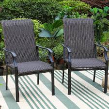 Phi Villa Black 5 Piece Metal Slat Round Table Patio Outdoor Dining Set With Brown Rattan High Back Wave Arm Chairs