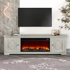 78 In Farmhouse Freestanding Wooden Electric Fireplace Tv Stand In Off White For Tvs Up To 80 In