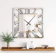 Large Silver Square Mirrored Wall Clock