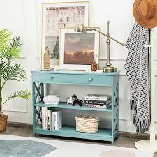 Costway 3 Tier Console Table X Design Sofa Entryway Table With Drawer Shelves Turquoise Size Large Blue
