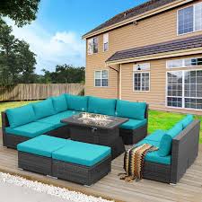 Nicesoul 10 Piece Charcoal Wicker Patio Fire Pit Deep Sectional Seating Sofa Set With Teal Cushions With Ottomans