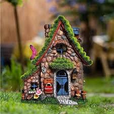 Asawasa Resin Fairy House Statues With Solar Powered Lights Funny Garden Sculptures With Flocked And Cobblestone Decor Exquisite Garden Cottage