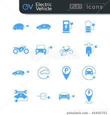 Electric Vehicle Flat Icon Set In Blue