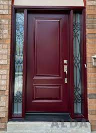 Maroon Front Door With Two Sidelights