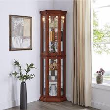 Cherry 5 Tier Lit Corner Curio Cabinet With Adjustable Tempered Glass Shelves And Mirrored Back Brown