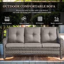 3 Seat Wicker Outdoor Patio Sofa Couch With Deep Seating And Cushions Suitable For Porch Deck Balcony Gray Gray