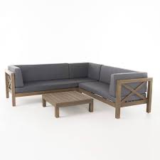 Noble House Brava 4 Piece Outdoor Acacia Wood Sectional Sofa Set In Gray 299124