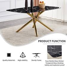 Black Tempering Glass Top Material 70 87 In Golden Cross Legs Table Base Type Dining Table Seats 6
