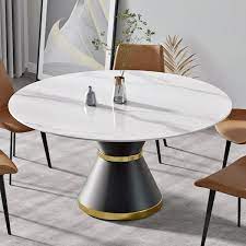 Magic Home 59 05 In Round Sintered Stone Dining Table With Black Pedestal Metal Base Seat 8 White And Black