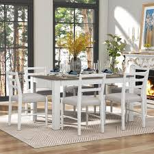 Harper Bright Designs Mutifunctional 7 Piece White And Brown Wooden Dining Table Set With Extendable Table 2 Drawers And 6 Upholstered Chairs