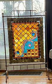 Vintage Antique Brass And Stained Glass