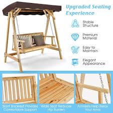2 Person Wood Patio Swing Bench Chair With Adjustable Canopy