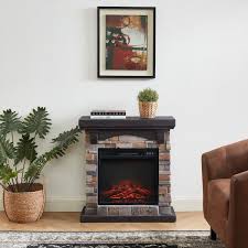 28 In Tan Freestanding Faux Stone Infrared Electric Fireplace With Mantel