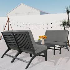 Runesay 4 Piece Acacia Wood Outdoor Sectional Patio Furniture Conversation V Shaped Set Sofa With Gray Cushions For Garden