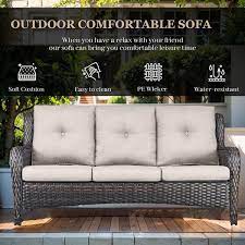3 Seat Wicker Outdoor Patio Sofa Couch With Deep Seating And Cushions Suitable For Porch Deck Balcony Brown Beige