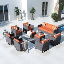 Megon Holly Gray 10 Piece Wicker Patio Conversation Seating Sofa Set With Orange Red Cushions And Swivel Rocking Chairs