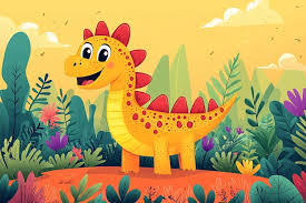 Cute Cartoon Dinosaur In A Tropical
