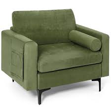 Modern Accent Chair With Bolster And Side Storage Pocket Army Green Color Ar
