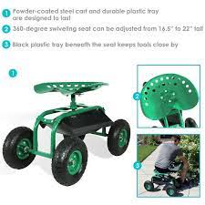 Sunnydaze Green Rolling Garden Cart With 360 Degree Swivel Seat Tray