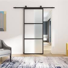 Contemporary 36 In X 84 In 3 Lite Clear Glass Black Finished Steel Sliding Barn Door With Hardware Kit