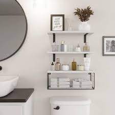 16 5 In W X 6 In D White Wood Floating Bathroom Shelves Wall Mounted With Wire Basket Decorative Wall Shelf