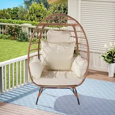 39 In W Wicker Freestanding Patio Swing Chair Egg Chair With 5 Beige Cushions And Steel Frame