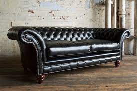 3 Seater Black Leather Chesterfield