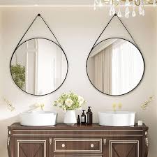 Xramfy 24 In W X 24 In H Round Mirror With Hanging Leather Strap Aluminum Frame Black Wall Mirror