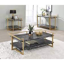 Muscher 50 5 In 3 Piece Gold Coating And Black Rectangle Faux Marble Coffee Table Set With Shelf