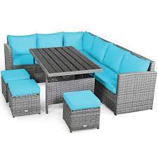 Costway 7 Pieces Wicker Patio Conversation Sectional Seating Set With Turquoise Cushions