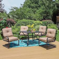 Black 5 Piece Metal Patio Outdoor Dining Set With Slat Square Table And C Spring Chairs With Beige Cushions