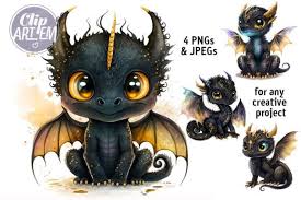 Cute Black Dragon Wall Art 4 Jpegs Set