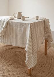 Beige Stripe Linen Tablecloth Square