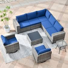 Crater Grey 9 Piece Wicker Wide Plus Arm Patio Conversation Sofa Set With Swivel Rocking Chairs And Navy Blue Cushions