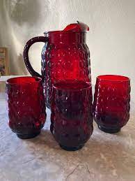 Royal Ruby Bubble Pitcher 3 Glasses