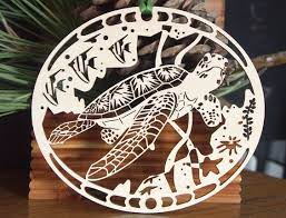 Wood Sea Turtle Ornament Woodcut Turtle