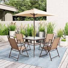 Crestlive S 6 Piece Metal Square Outdoor Dining Set And Umbrella In Brown