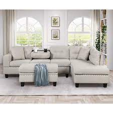 105 In Square Arm 3 Piece Linen L Shaped Sectional Sofa In Light Gray With Convertible