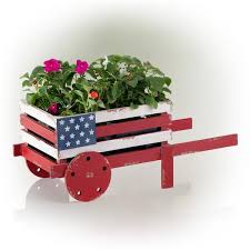 Alpine American Flag Wooden Wheel Barrel Planter