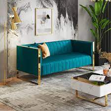 Manhattan Comfort Trillium 83 07 In Aqua Blue And Gold 3 Seat Sofa