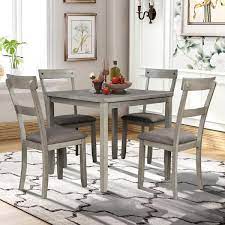 Godeer 5 Piece Square Industrial Wooden Top Light Grey Dining Table Set 4 Chairs For Dining Room