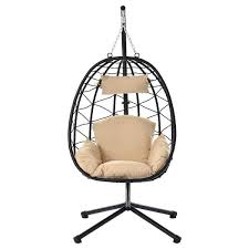 Btmway Outdoor Indoor Egg Chair With Stand Cream Color Cushion Pe Wicker Patio Chair Swing Chair Lounge Hanging Basket Chair