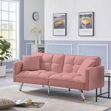 74 In Pink Velvet 2 Seater Loveseat Convertible Sofa Bed With 2 Pillows