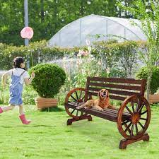 56 In 3 Person Slatted Seat Rustic Wooden Wagon Wheel Bench Outdoor Patio Furniture Weather Resistance
