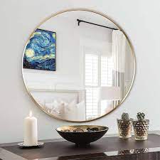 24 In W X 24 In H Gold Round Wall Mirror Metal Framed Circle Mirror For Bedroom Living Room Bathroom Entryway